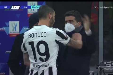 Watch Juventus hardman Leonardo Bonucci SHOVE Inter chief on touchline after Alexis Sanchez scores..