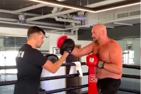 Watch topless Tyson Fury show off speed on pads as he claims he can beat Dillian Whyte ‘with one..