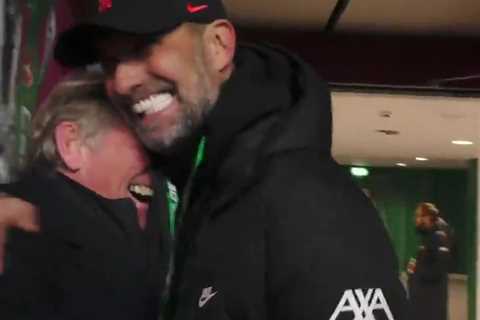 Kenny Dalglish embraces Jurgen Klopp after Carabao Cup final that saw Liverpool beat Chelsea on..