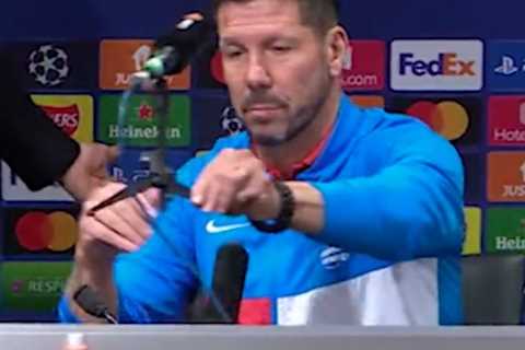 Watch Diego Simeone wind up cameraman by removing MUTV microphone at press conference ahead of Man..