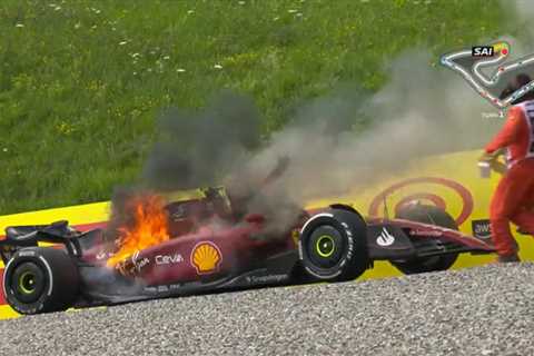 Carlos Sainz’s Ferrari bursts into flames with driver still inside before he dramatically bails out ..