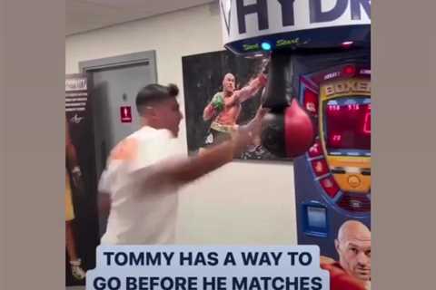 Watch Tommy Fury land massive right hand on punch machine… but fall just short of brother Tyson’s..
