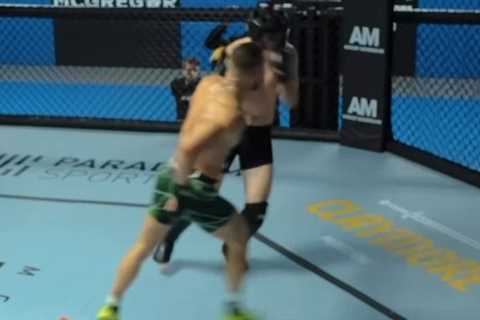Watch Conor McGregor stop sparring partner with brutal left hand after revealing he’ll move UP in..