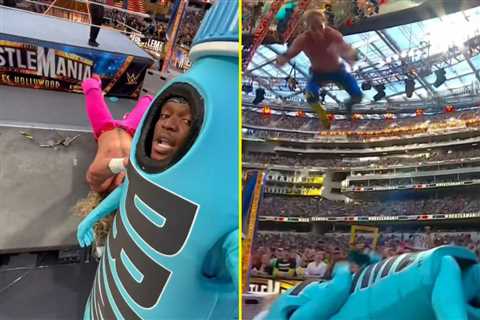 Logan Paul puts Prime mascot KSI through table during Seth Rollins match at Wrestlemania