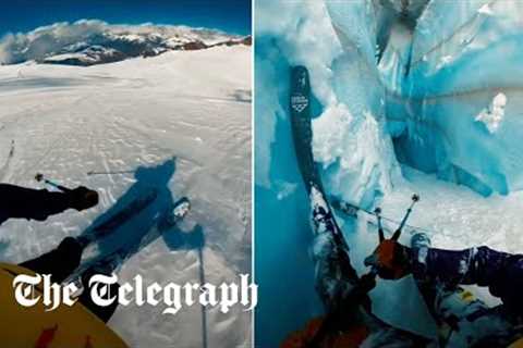 Skier falls down deep glacier cliff and only narrowly avoids falling into the abyss