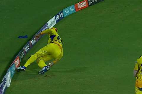 Picture of Shaik Rasheed’s foot nearly touching boundary rope during CSK vs PBKS game grabs..