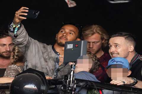 F1 star Lewis Hamilton flies to Glastonbury in helicopter to watch Elton John with his husband..
