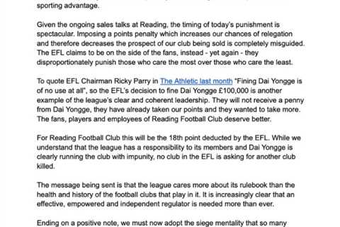 Reading Fans Hide X-Rated Message in Response to EFL's Points Deduction