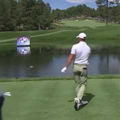 Watch awkward angry Rory McIlroy hurls his driver into a LAKE after bad tee-shot… and has to..